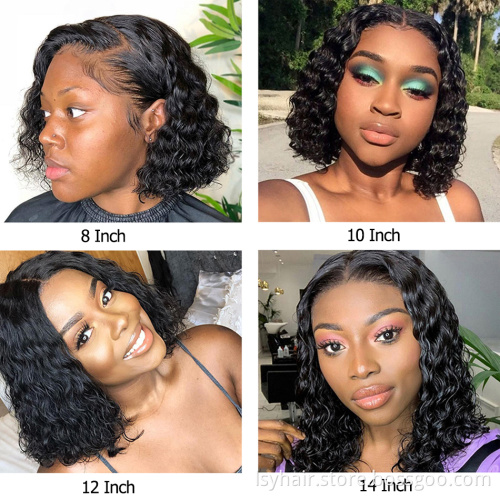 Natural Human Hair Brazilian Water Wave Lace Front Bob Wigs, Pre Plucked Shoulder Length Curly  Classic Bob Wigs
